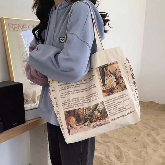 Alice and wonderland canvas tote bag womens cream shoulder bag print - Picture 2 of 5